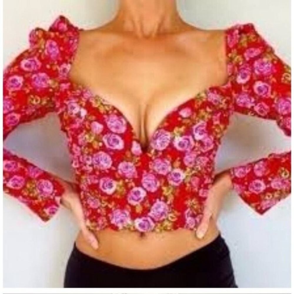 Zara red & pink floral Long sleeve blouse size Small NWT #121